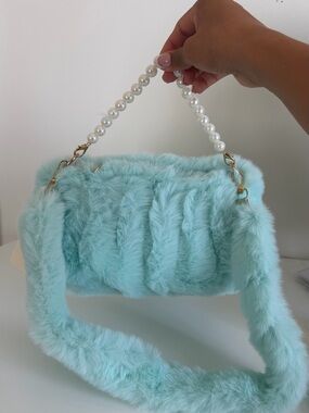 Faux Fur Pearl-Handle Shoulder Bag in Light Blue
